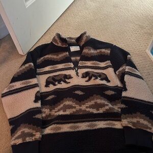 Old Navy Black and Brown Zip Up Sweater with Rustic Pattern